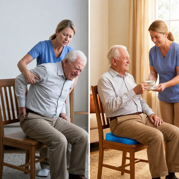 Before and after: an elderly man uncomfortable on a wooden dining chair with his caregiver, then relaxed on a cushion while she brings him tea